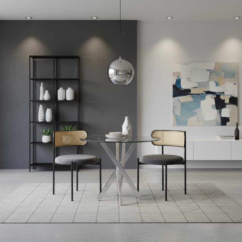 Ensemble table ronde en verre ϕ80 cm et 2 chaises velours gris rotin tressé DAMMAR