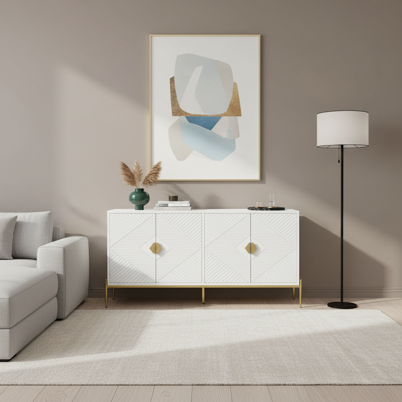 Buffet moderne blanc à motif géométrique, pieds et poignets dorés TOADSTOOL