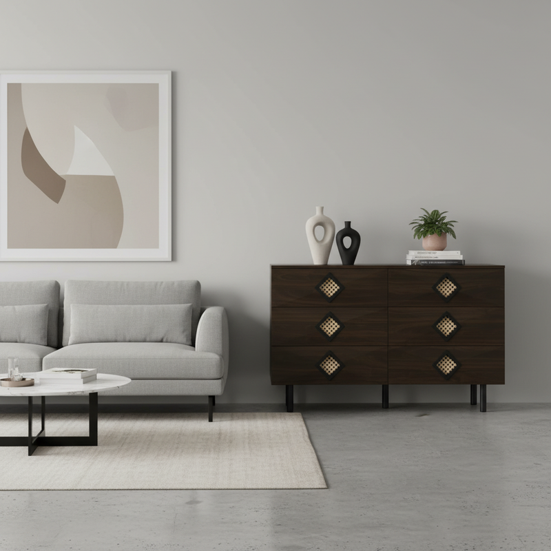 Buffet bois noyer à 6 tiroirs avec poignées en rotin et pieds en métal PETIOLAR