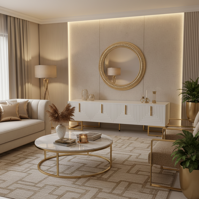 Buffet bois noyer à 6 tiroirs avec poignées en rotin et pieds en métal PRODUCER