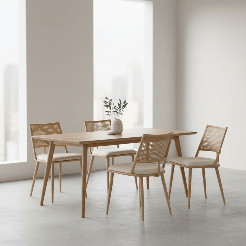 Lot de 4 chaises de salle à manger PU beige dossier en rotin tressé PECTIN