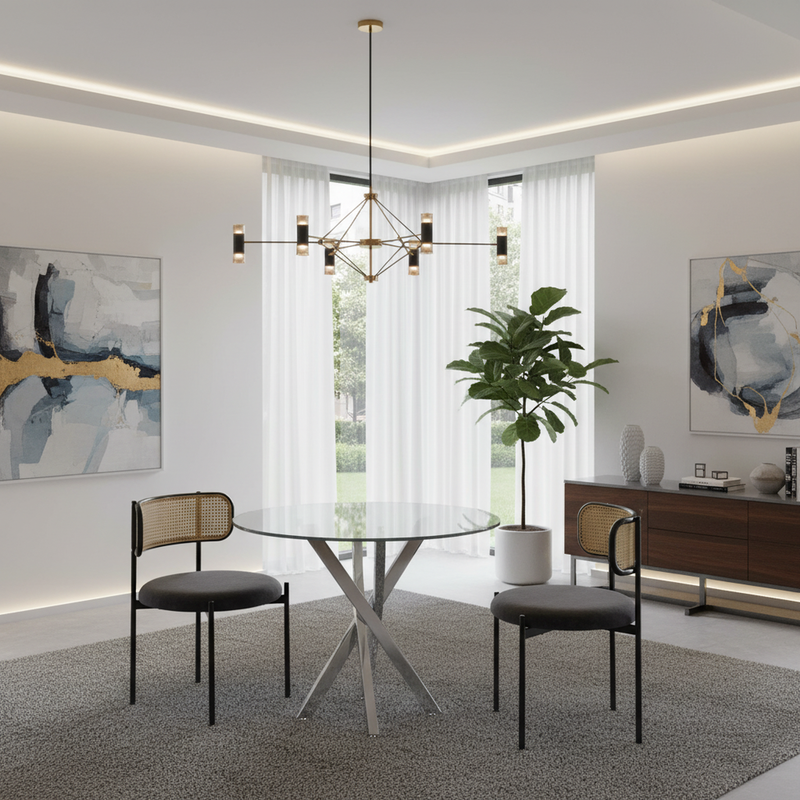 Ensemble table ronde en verre ϕ80 cm et 2 chaises velours gris rotin tressé DAMMAR