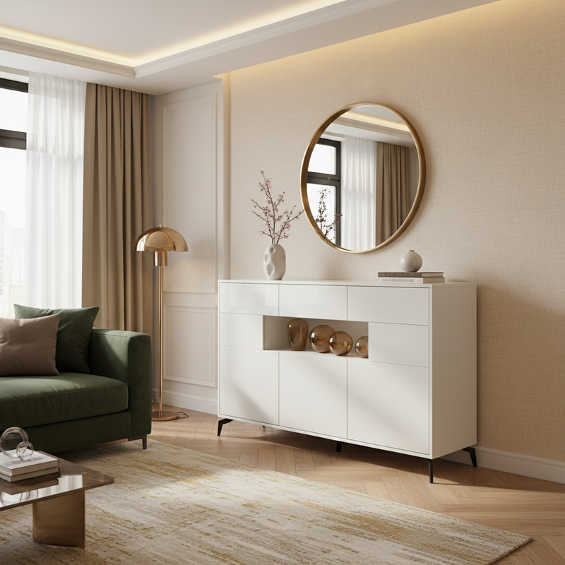 Buffet blanc brillant niche au centre avec éclairage LED intelligent 3 tiroirs 5 portes SEPTAL