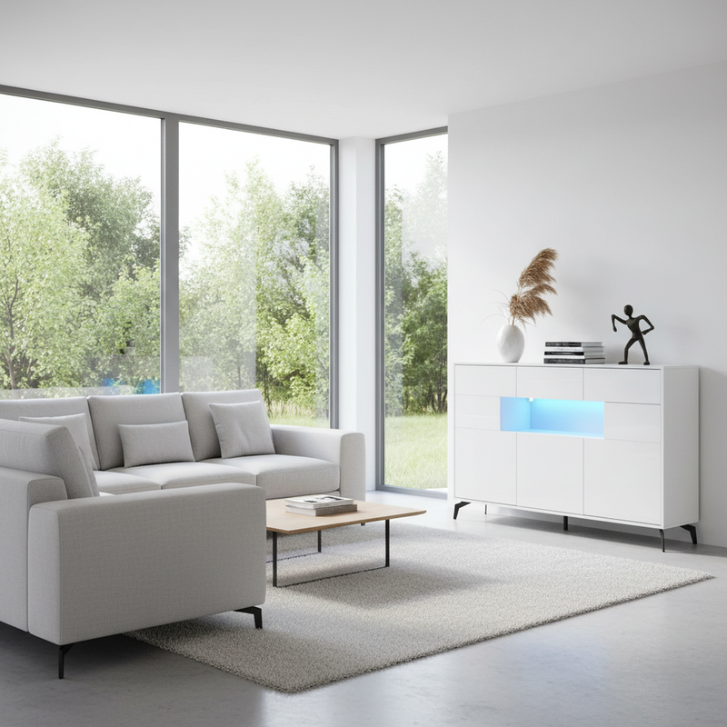 Buffet blanc brillant niche au centre avec éclairage LED intelligent 3 tiroirs 5 portes SEPTAL