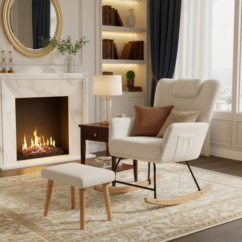 Fauteuil à bascule en tissu teddy blanc avec coussin de nuque et repose-pieds inclus MASTIC