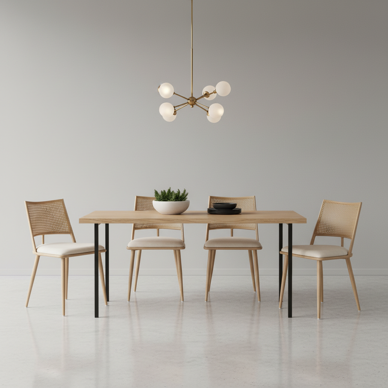 Lot de 4 chaises de salle à manger PU beige dossier en rotin tressé PECTIN