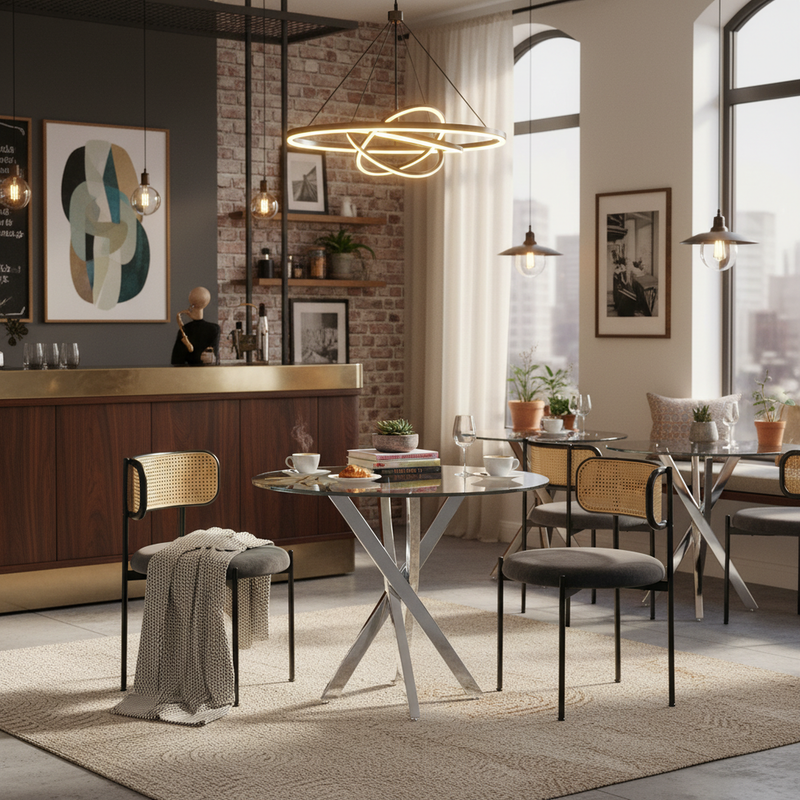 Ensemble table ronde en verre ϕ80 cm et 2 chaises velours gris rotin tressé DAMMAR