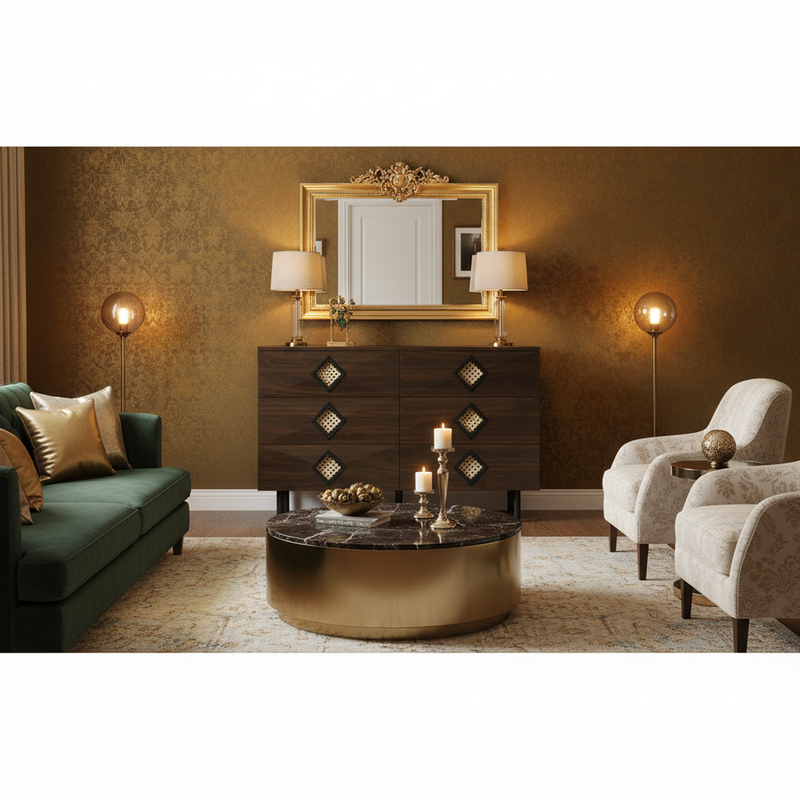 Buffet bois noyer à 6 tiroirs avec poignées en rotin et pieds en métal PETIOLAR