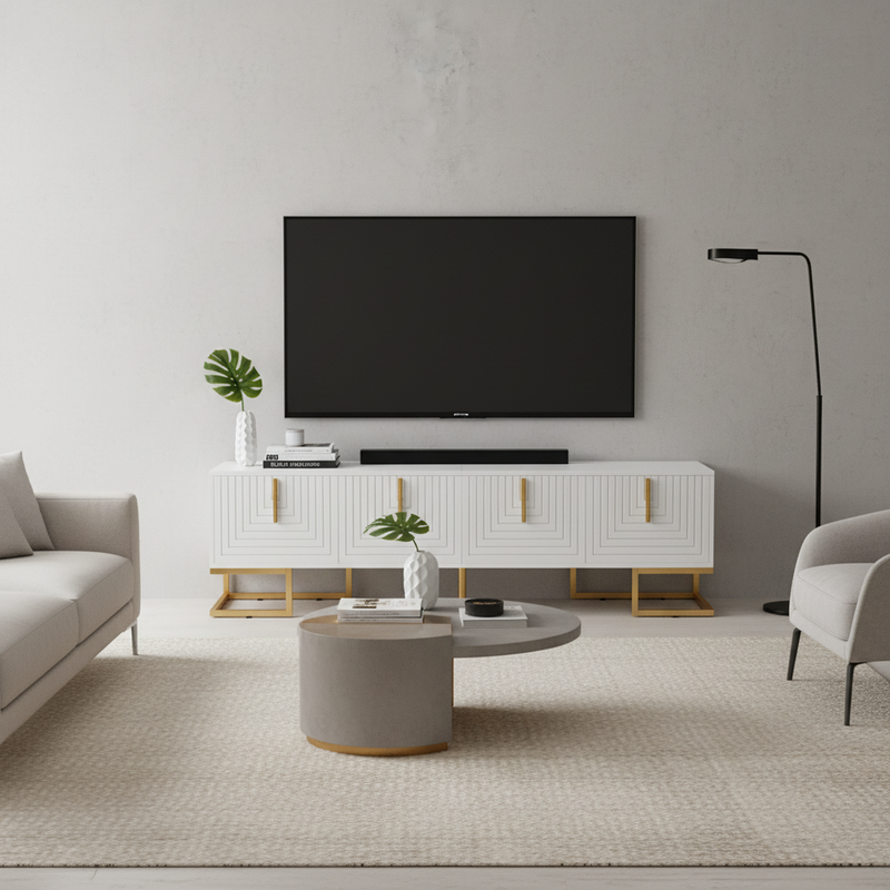 Buffet bois noyer à 6 tiroirs avec poignées en rotin et pieds en métal PRODUCER