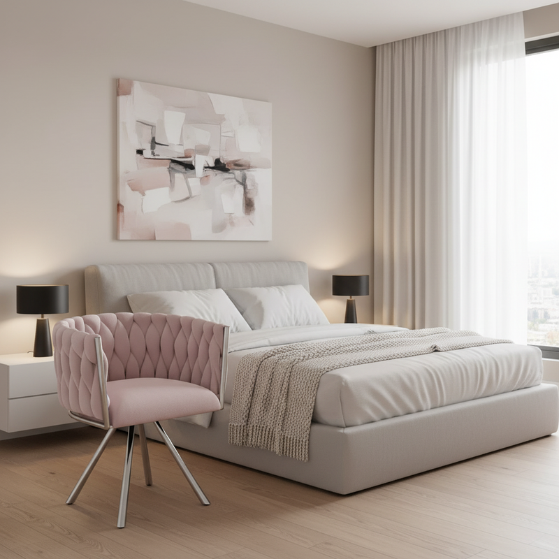 Fauteuil pivoitante 360° velours rose, chaise de bureau ou coiffeuse base en acier RETICULIN