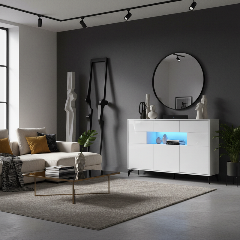 Buffet blanc brillant niche au centre avec éclairage LED intelligent 3 tiroirs 5 portes SEPTAL