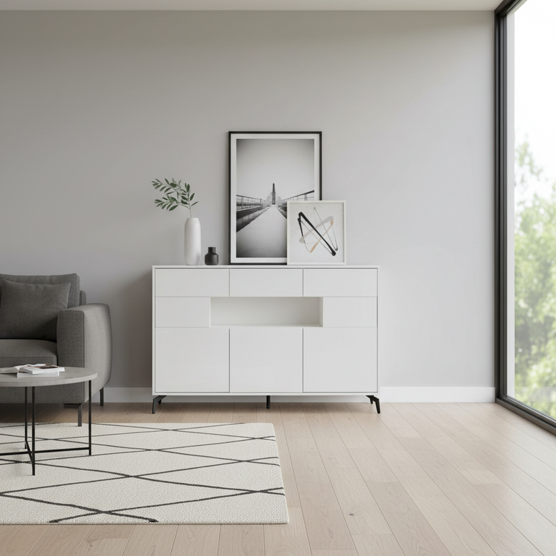 Buffet blanc brillant niche au centre avec éclairage LED intelligent 3 tiroirs 5 portes SEPTAL