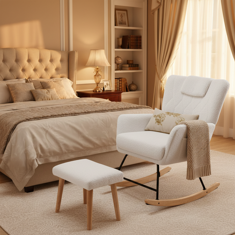 Fauteuil à bascule en tissu teddy blanc avec coussin de nuque et repose-pieds inclus MASTIC