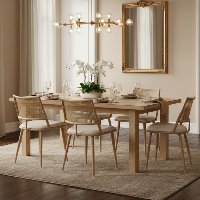 Lot de 4 chaises de salle à manger PU beige dossier en rotin tressé PECTIN