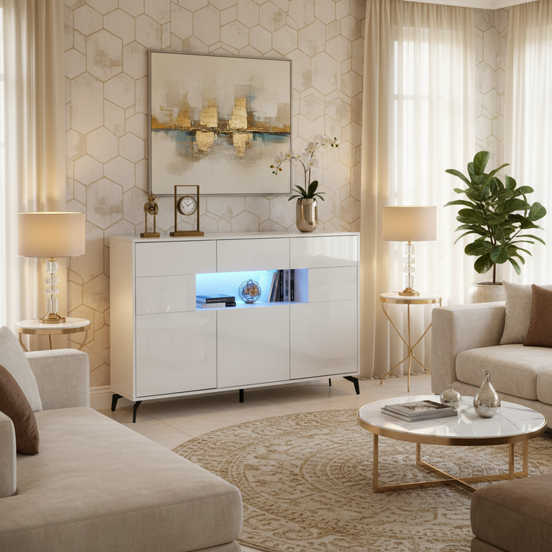 Buffet blanc brillant niche au centre avec éclairage LED intelligent 3 tiroirs 5 portes SEPTAL