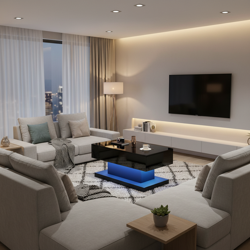 Table basse relevable laqué noire avec éclairage LED 100x50 cm SECRETION