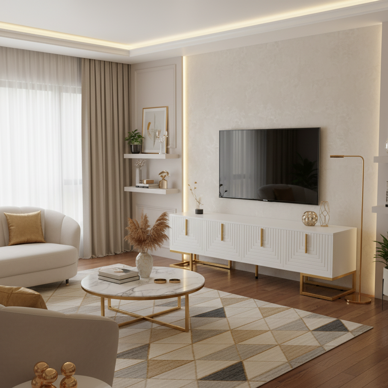 Buffet bois noyer à 6 tiroirs avec poignées en rotin et pieds en métal PRODUCER