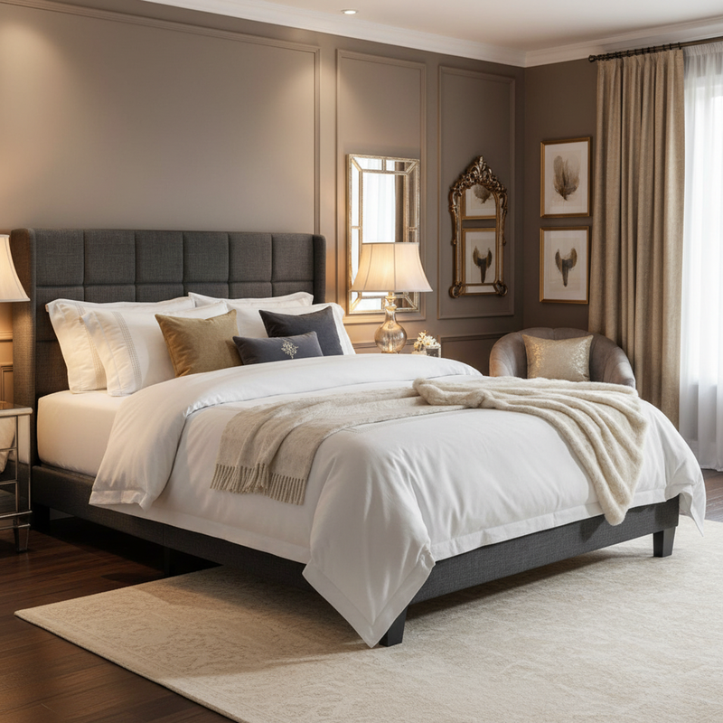 Ensemble lit double rembourré en lin gris 140x200 avec sommier à lattes et matelas à ressorts PERISTOM