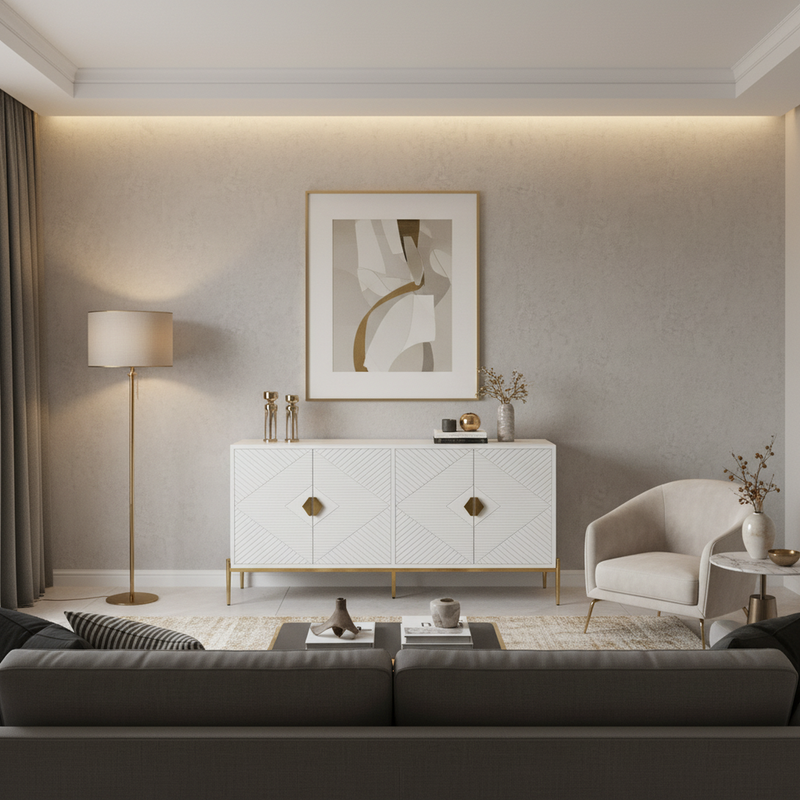 Buffet moderne blanc à motif géométrique, pieds et poignets dorés TOADSTOOL