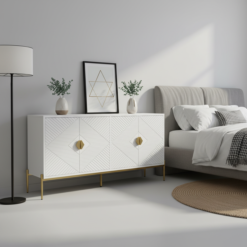 Buffet moderne blanc à motif géométrique, pieds et poignets dorés TOADSTOOL