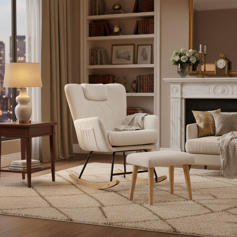 Fauteuil à bascule en tissu teddy blanc avec coussin de nuque et repose-pieds inclus MASTIC