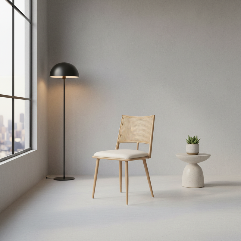 Lot de 2 chaises de salle à manger PU beige dossier en rotin tressé POLYPEPT