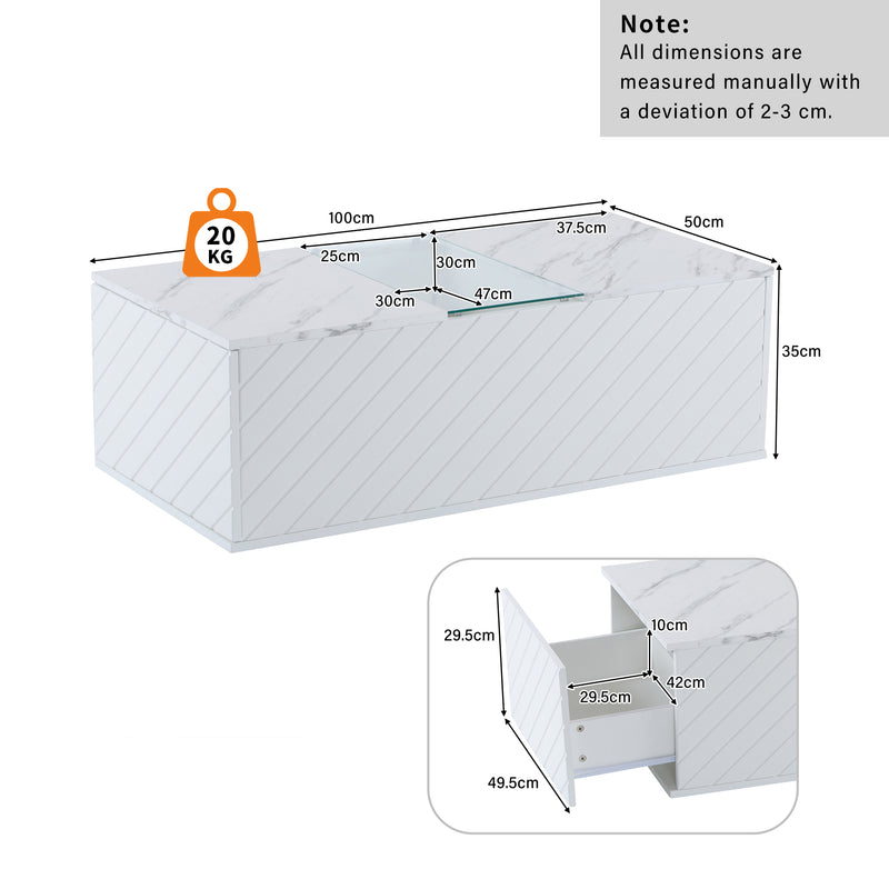 Table basse moderne blanche effet marbre, éclairage LED, élément en verre et 2 tiroirs Kregmots