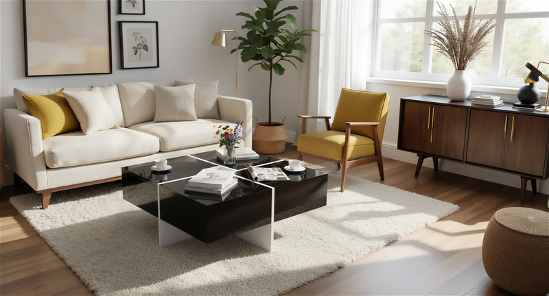 Table basse carrée noir brillant et blanc avec 4 tiroirs 70x70x35cm SUBSTRATE