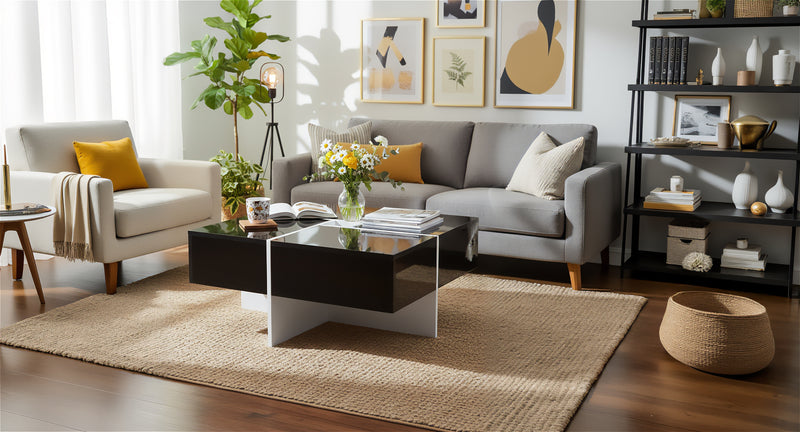 Table basse carrée noir brillant et blanc avec 4 tiroirs 70x70x35cm SUBSTRATE