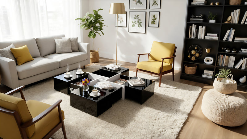 Table basse carrée noir brillant et blanc avec 4 tiroirs 70x70x35cm SUBSTRATE