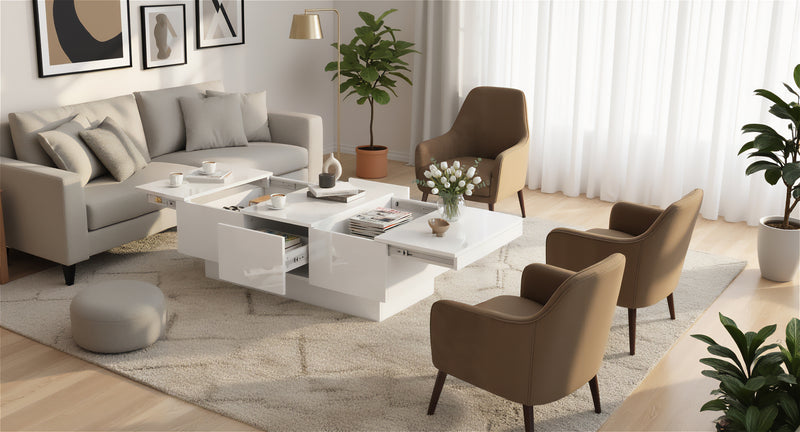 Table basse moderne blanche brillante avec plateau coulissant et 2 tiroirs 100x55x35cm NUTRIENT