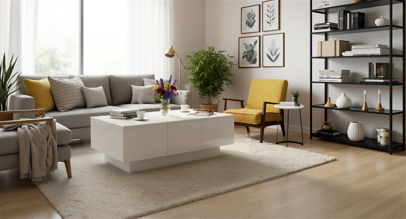 Table basse moderne blanche brillante avec plateau coulissant et 2 tiroirs 100x55x35cm NUTRIENT