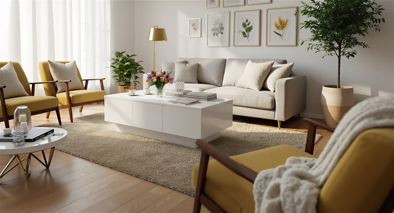 Table basse moderne blanche brillante avec plateau coulissant et 2 tiroirs 100x55x35cm NUTRIENT