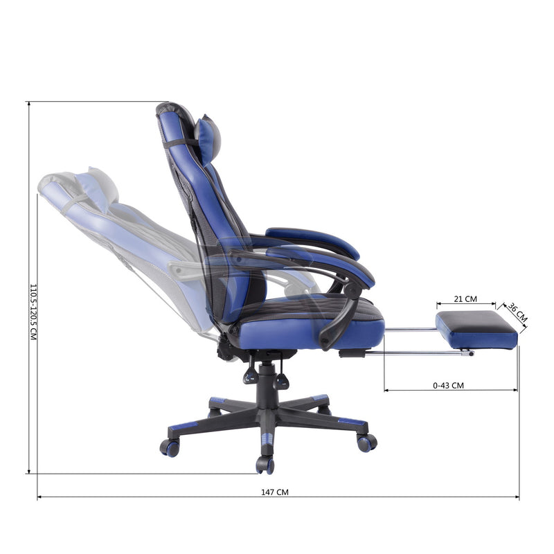 Chaise de gamer réglable, inclinable et 360°, en similicuir noir et bleu - BURGENDY BLUE