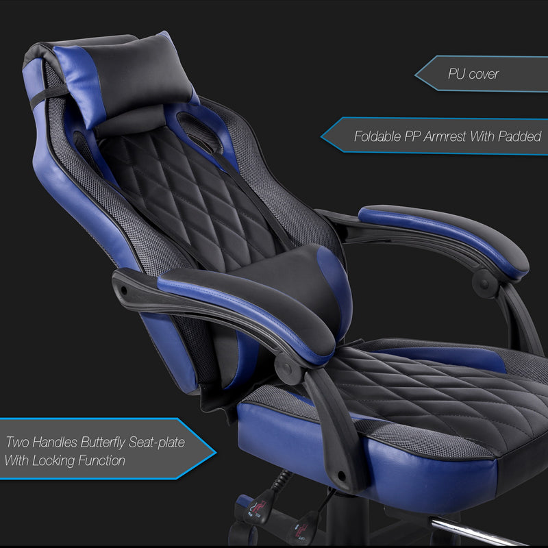 Silla gaming orientable, basculante y 360°, en polipiel negra y azul - BURGENDY BLUE