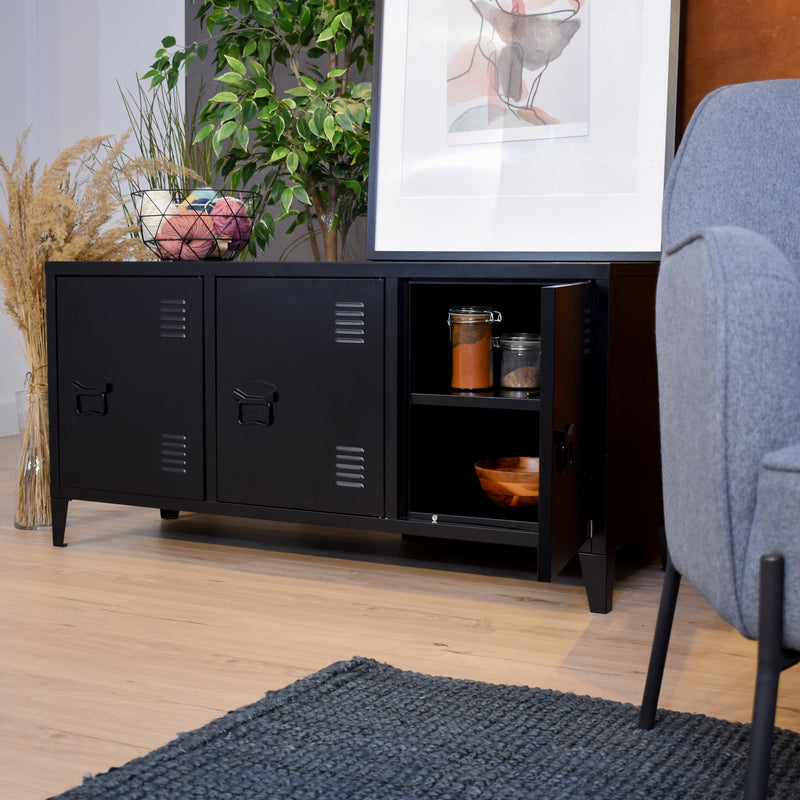 Meuble TV avec rangement et 3 portes en métal noir industriel MATAPOURI BLACK LT