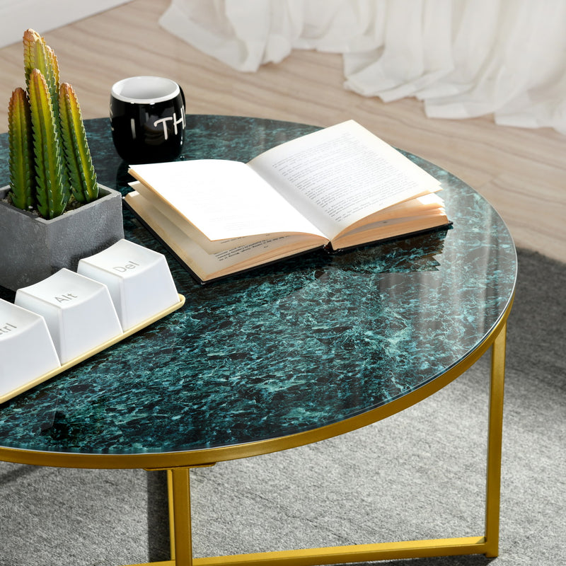 Table basse ronde en verre effet marbre et métal dorée INMA GREEN