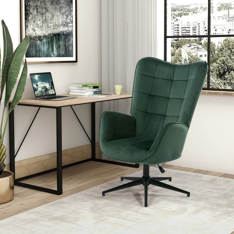 Sillón de oficina escandinavo con reposabrazos, giratorio 360 grados, en terciopelo verde, patas de metal negro - IRIS