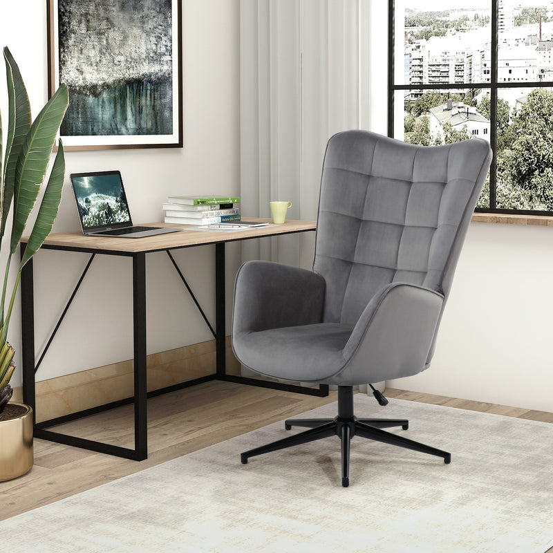 Sillón de oficina escandinavo con reposabrazos, giratorio 360 grados, en terciopelo gris, patas de metal negro - IRIS