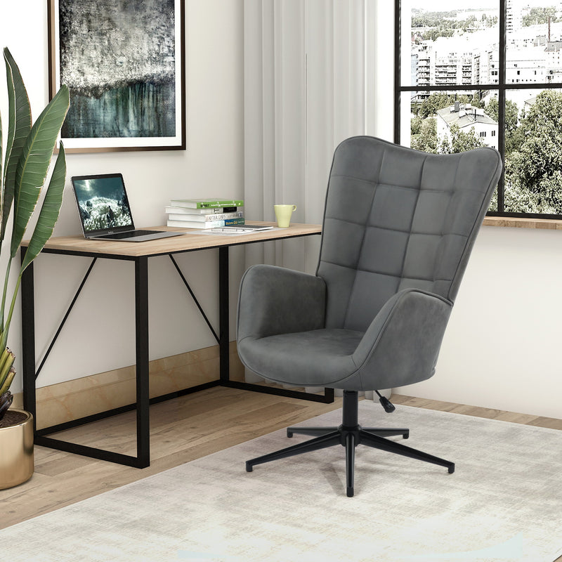 Sillón de oficina escandinavo con reposabrazos, giratorio 360 grados, en tejido gris, patas de metal negro - IRIS