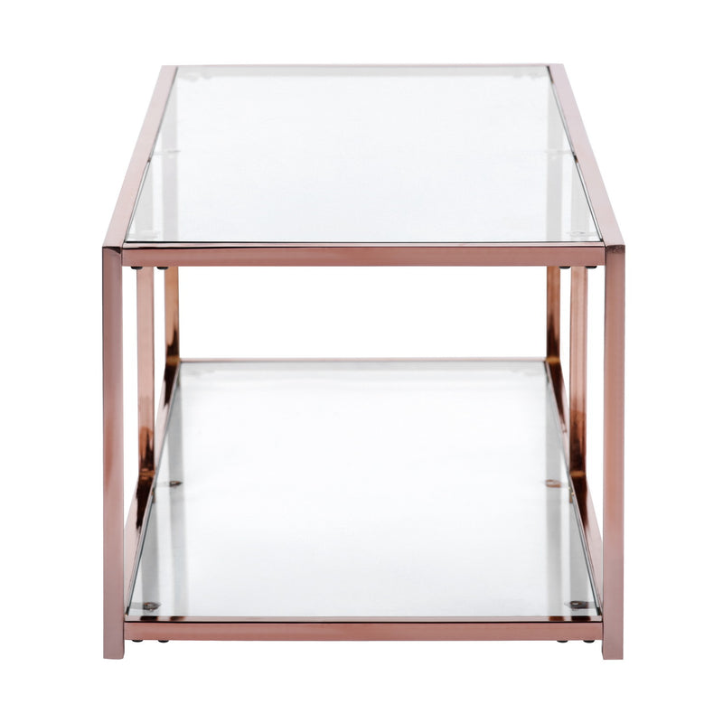 Table basse rectangulaire avec étagère, bout de canapé industriel en verre trempé teinté et cadre en métal doré - JUSTIN GOLD LEG