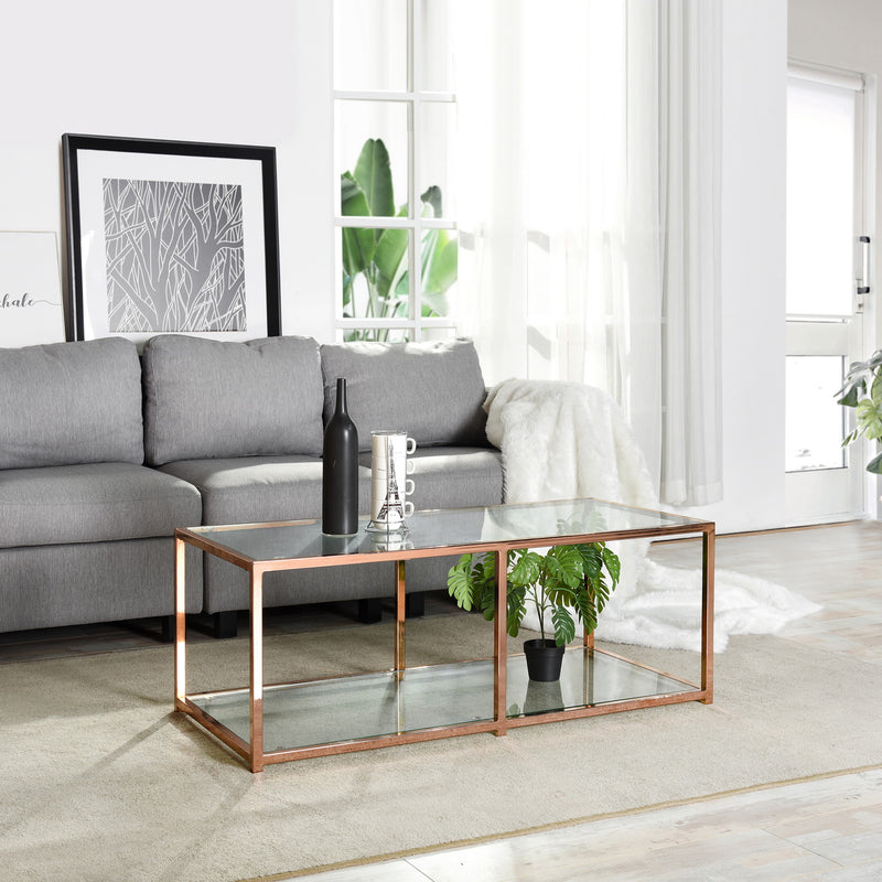 Table basse rectangulaire avec étagère, bout de canapé industriel en verre trempé teinté et cadre en métal doré - JUSTIN GOLD LEG