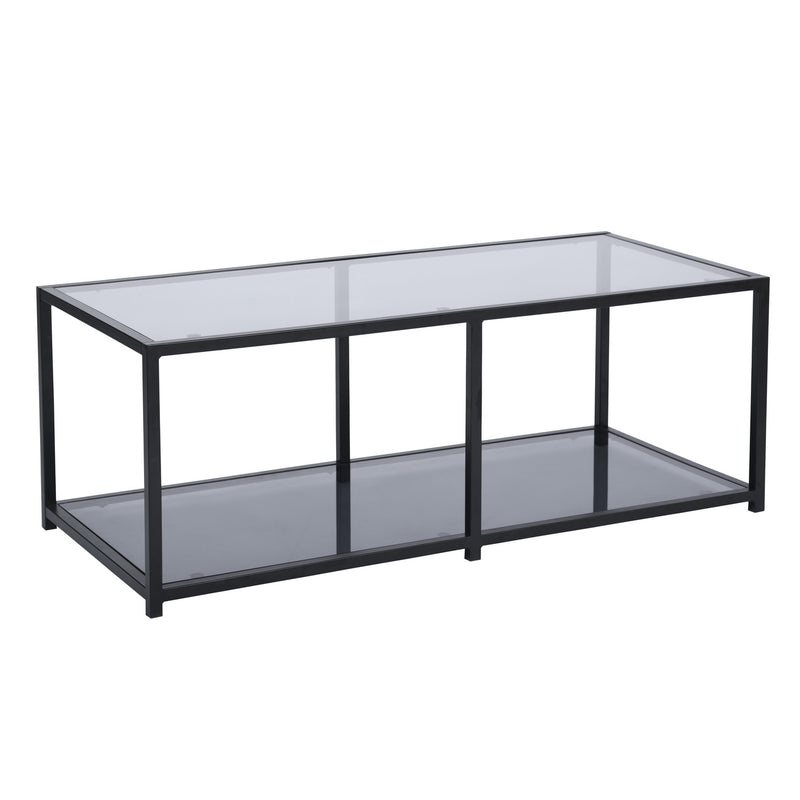 Mesa de centro rectangular con estante, mesa auxiliar industrial en vidrio templado tintado y estructura de metal negro - JUSTIN SMOKY GREY