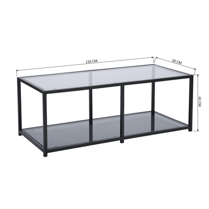Mesa de centro rectangular con estante, mesa auxiliar industrial en vidrio templado tintado y estructura de metal negro - JUSTIN SMOKY GREY