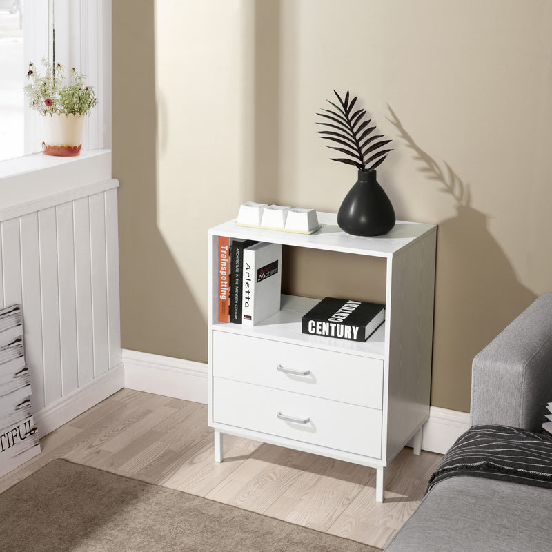 Moderner weißer Nachttisch mit Nische und 2 Schubladen für Wohnzimmer, Büro oder Schlafzimmer LAEL