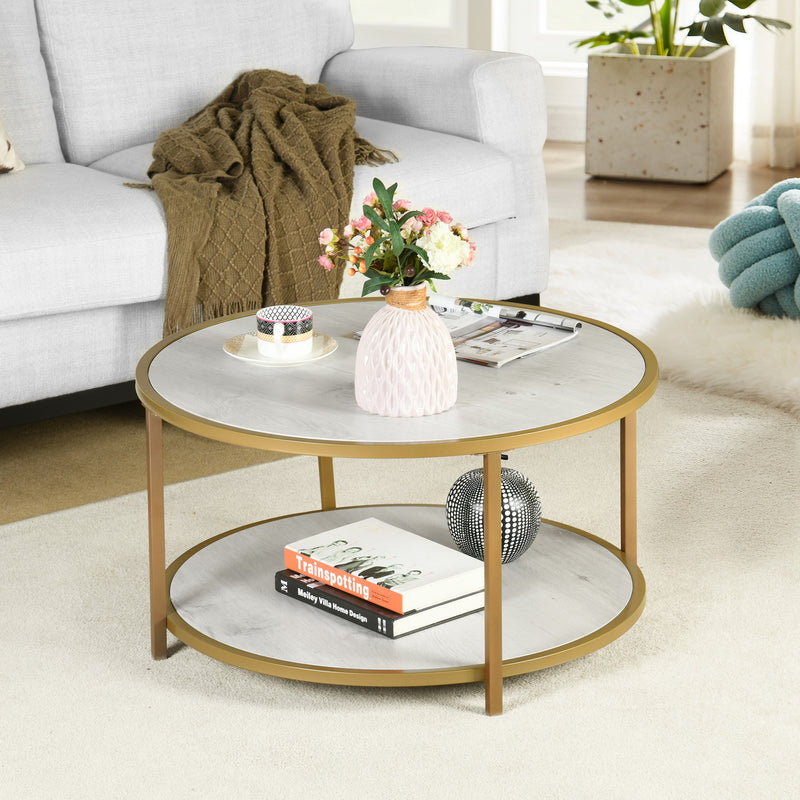 Table basse ronde design, bout de canapé imitation bois blanc et métal doré - NEKA SMALL WHITE WOOD A