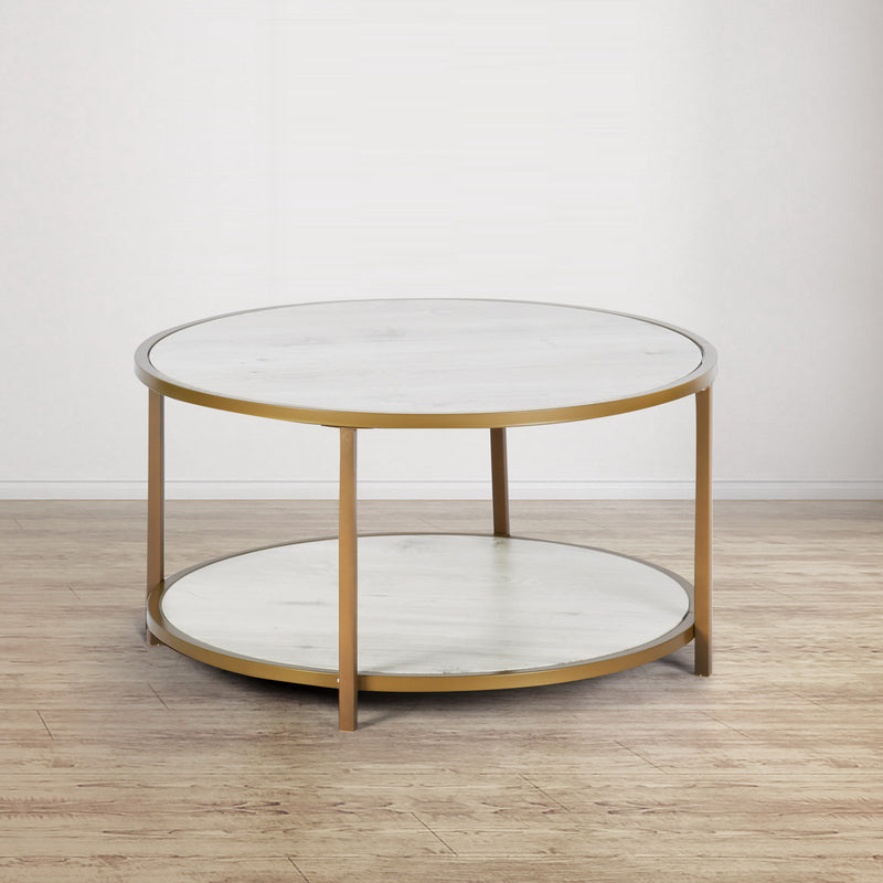 Mesita redonda de diseño, mesa auxiliar imitación madera blanca y metal dorado - NEKA SMALL WHITE WOOD A