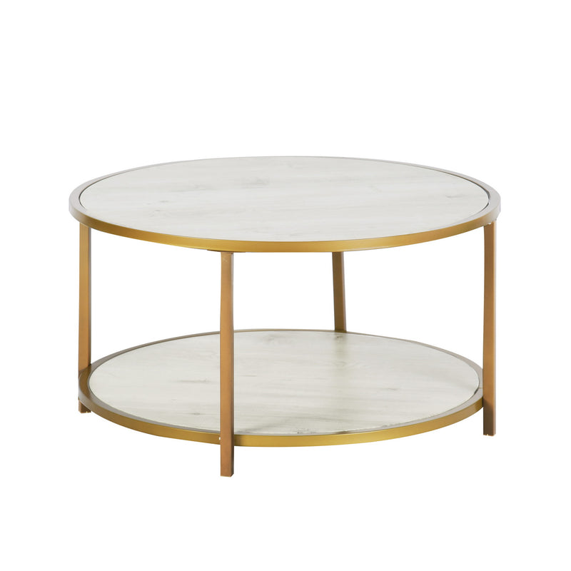 Table basse ronde design, bout de canapé imitation bois blanc et métal doré - NEKA SMALL WHITE WOOD A