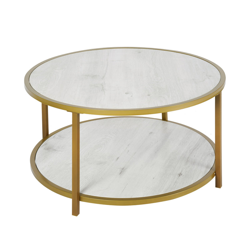 Mesita redonda de diseño, mesa auxiliar imitación madera blanca y metal dorado - NEKA SMALL WHITE WOOD A