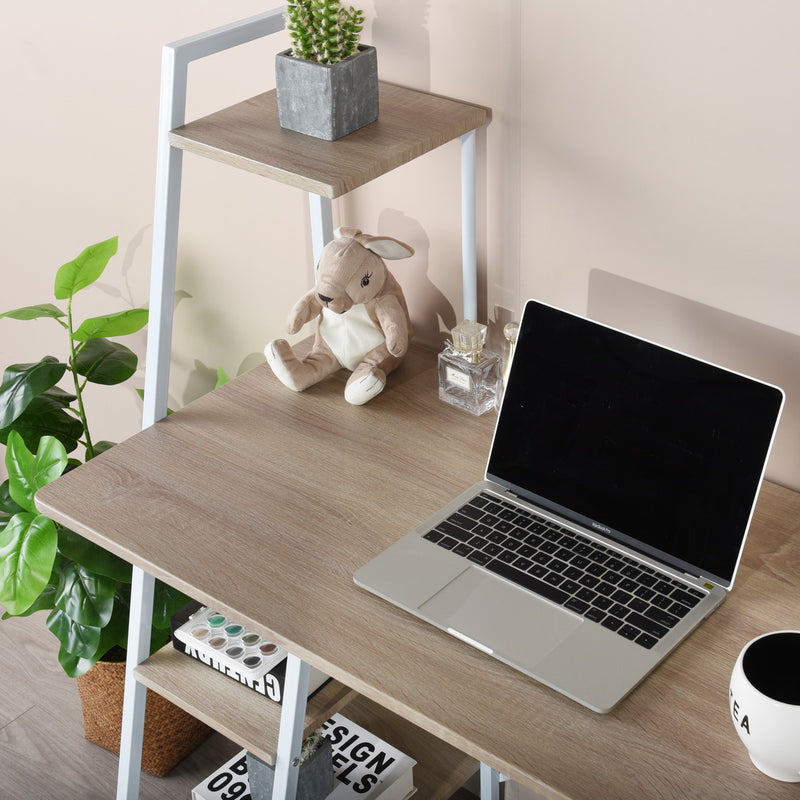 Schreibtisch mit integrierten Regalen im grafischen Stil POUCHU WOOD A in Weiß und Holz